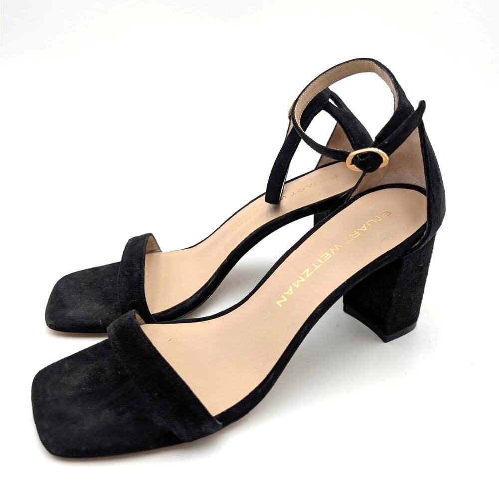 Stuart Weitzman Nudist Block 75 Heel Sandal Women's Black Size US6.5B EU37